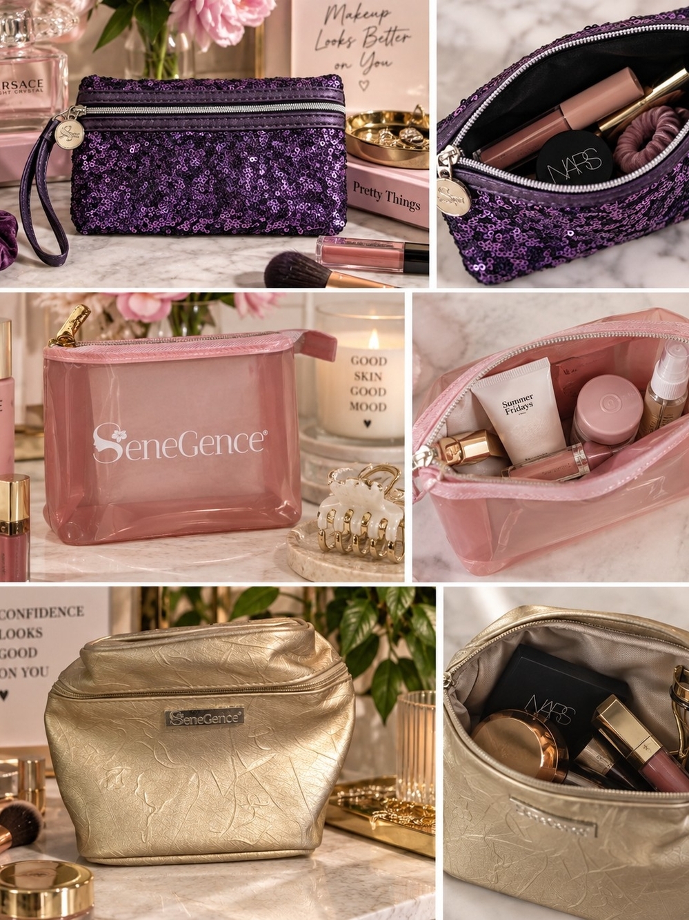 SeneGence Purple Sequin, Pink Clear & Gold Cosmetic Bag Set